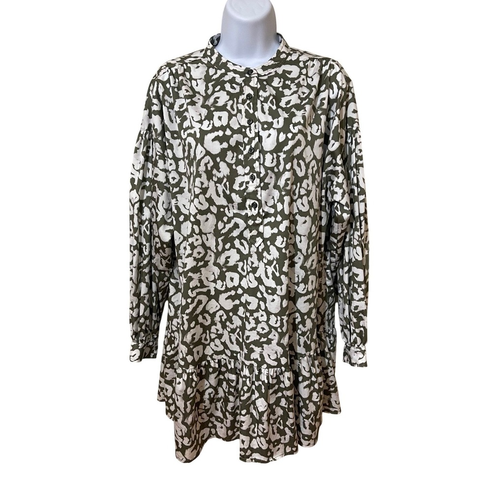 Elizabeth and James Olive Green White Button Front Tiered Hem Shirt Dress M